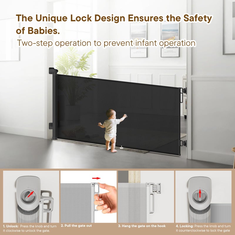 BBsecure Retractable Baby Gate - 55" Wide Mesh Pet Gate with Anti-Crawling Hook, Safety Lock, One-Hand Operation, 34" Tall Baby Gate for Stairs, Doorways, Hallways, Garage, Indoor Outdoor, Black - Image 4