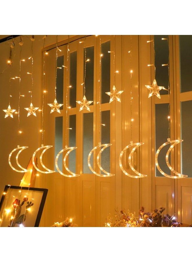 LED Star Moon Iced Light String Curtain with Lighting Modes, USB Remote Control Timer, Reflective Fairy String Lights for Wall Window Decoration (Small Star with Large Moon) - Image 1