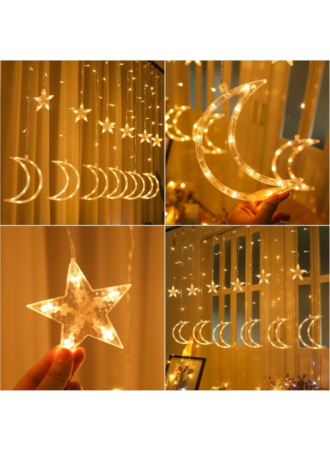 LED Star Moon Iced Light String Curtain with Lighting Modes, USB Remote Control Timer, Reflective Fairy String Lights for Wall Window Decoration (Small Star with Large Moon) - Image 2