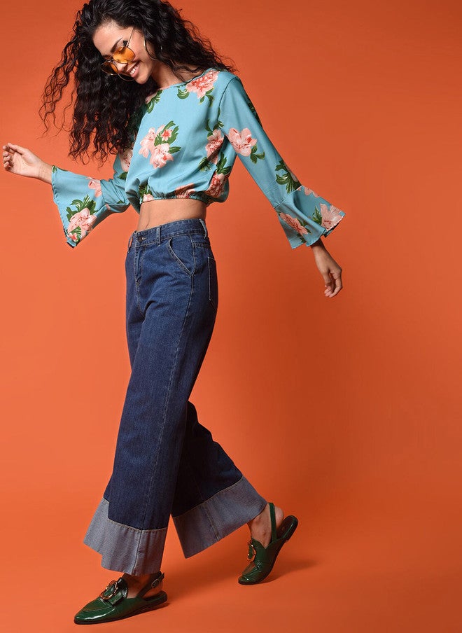 CHIMPAAANZEE Blue & Pink Floral Print Blouson Crop Top - Image 5