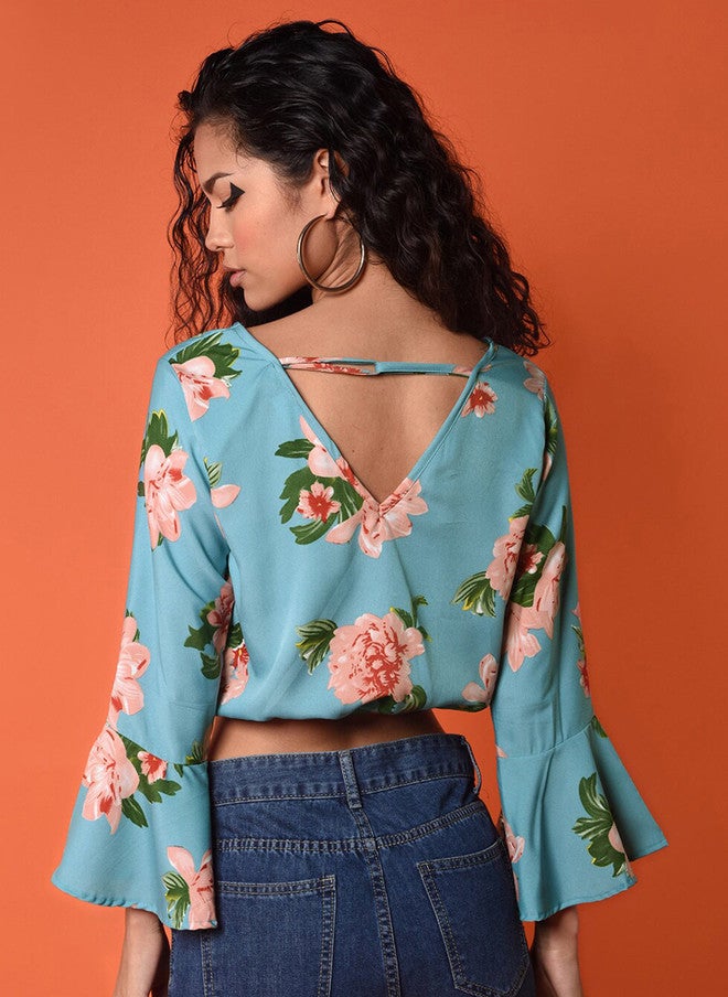 CHIMPAAANZEE Blue & Pink Floral Print Blouson Crop Top - Image 4