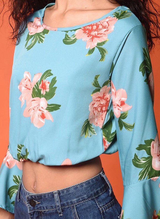 CHIMPAAANZEE Blue & Pink Floral Print Blouson Crop Top - Image 2