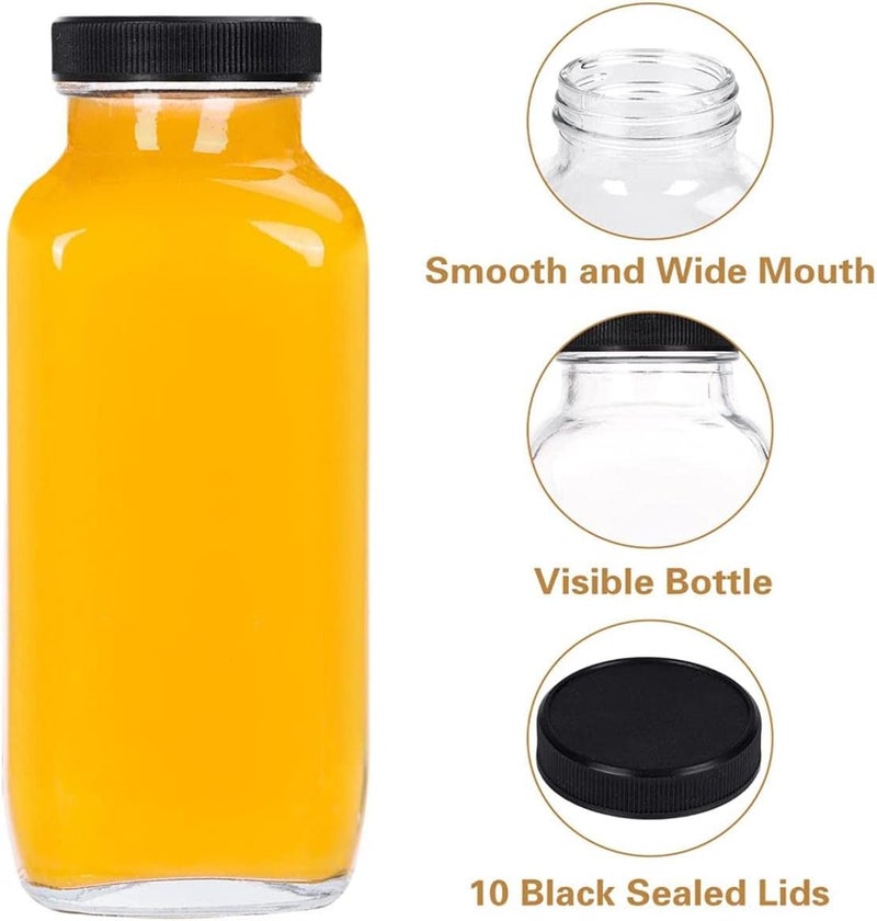 FUFU 6 Pack Glass Juice Bottles with Lids Reusable Glass Square Beverages Drinking Jars with Tamper-proof Black Caps for Travel Milk Water Tea Honey Kombucha Smoothie Boba (250ml) - Image 4