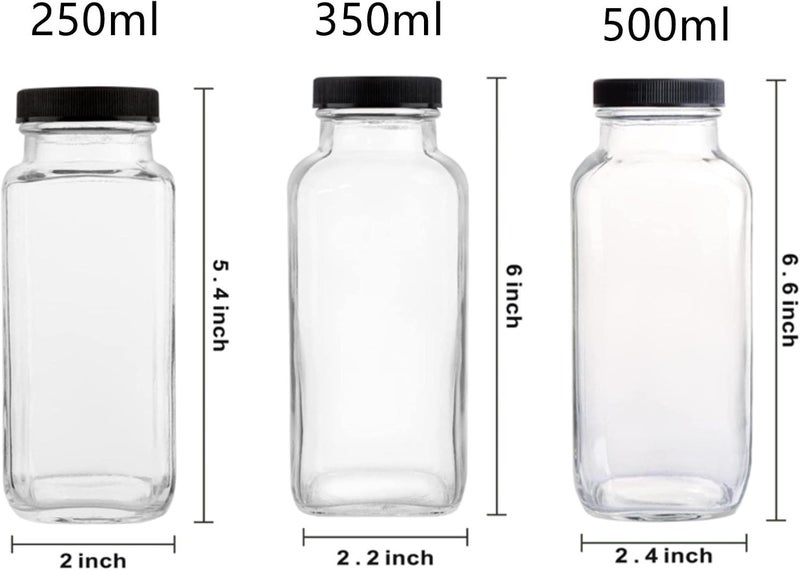 FUFU 6 Pack Glass Juice Bottles with Lids Reusable Glass Square Beverages Drinking Jars with Tamper-proof Black Caps for Travel Milk Water Tea Honey Kombucha Smoothie Boba (250ml) - Image 2