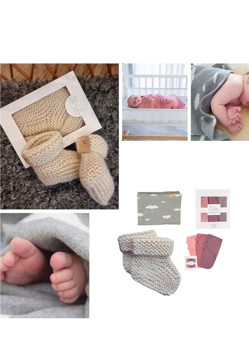 SMA Knit Crochet Baby white Booties Newborn Socks-Handmade Shoes and Super Soft Clouds Plush Baby Blanket for Boys and Girls and Muslin Swaddle Blankets and Easy Adjustable 3 Pack Infant Sleep Sack Wr - Image 1