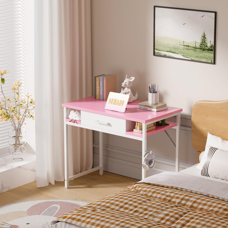 Pamray 32 Inch Small Computer Desk with Drawer and Shelves Simple Study Work Table for Bedroom Pink - Image 2