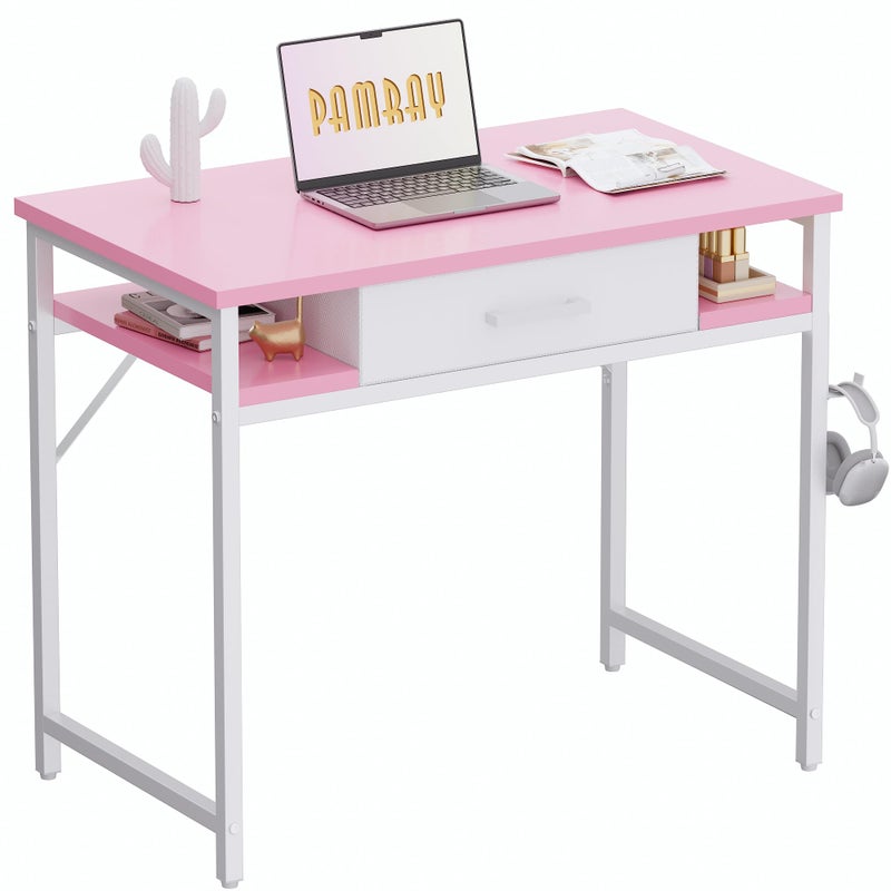 Pamray 32 Inch Small Computer Desk with Drawer and Shelves Simple Study Work Table for Bedroom Pink - Image 1