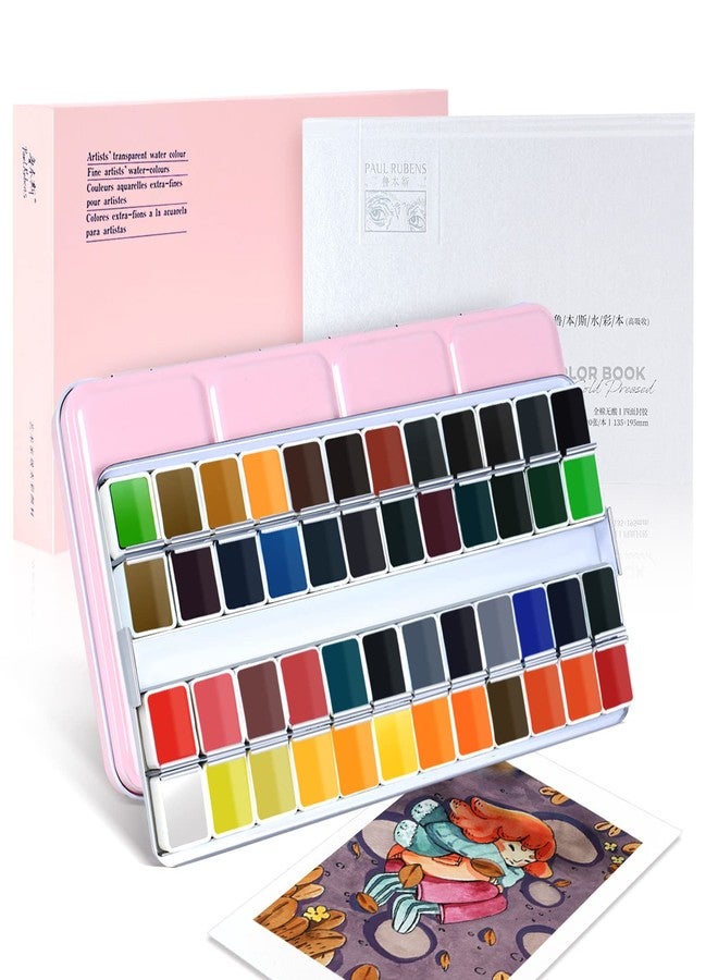 Paul Rubens Artist Grade Watercolor Paint, 48 Colors Solid Cakes with Palette and 100% Cotton Hot Press Watercolor Block for Artists, Beginners, Hobbyists, Students - Image 1