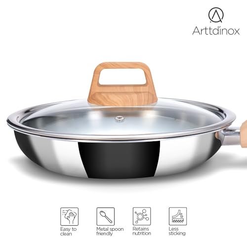 Arttd Inox ARTTDINOX Timber Frying Pan Stainless Steel | Steel Fry pan | Wood Finished Handle | Frying pan | Pan with Lid | Gas & Induction Base, 24cm/1.8Ltr, Jindal Stainless, Silver - Image 5