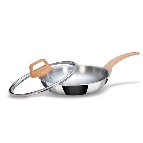 Arttd Inox ARTTDINOX Timber Frying Pan Stainless Steel | Steel Fry pan | Wood Finished Handle | Frying pan | Pan with Lid | Gas & Induction Base, 24cm/1.8Ltr, Jindal Stainless, Silver - Image 1