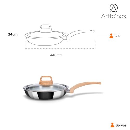 Arttd Inox ARTTDINOX Timber Frying Pan Stainless Steel | Steel Fry pan | Wood Finished Handle | Frying pan | Pan with Lid | Gas & Induction Base, 24cm/1.8Ltr, Jindal Stainless, Silver - Image 4