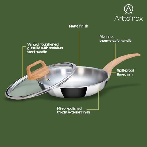 Arttd Inox ARTTDINOX Timber Frying Pan Stainless Steel | Steel Fry pan | Wood Finished Handle | Frying pan | Pan with Lid | Gas & Induction Base, 24cm/1.8Ltr, Jindal Stainless, Silver - Image 3