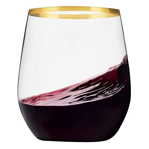 Munfix Plastic Stemless Wine Glasses with Gold Rim Disposable Clear Plastic Cups 12 Oz  24 Pack  Shatterproof Recyclable and BPAFree