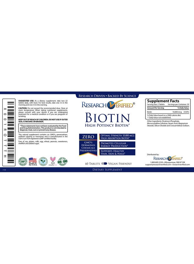 Research Verified Biotin - Pure Biotin Extra Strength 10,000mcg for Improved Hair, Skin and Nail Health - 60 Vegan Tablets, Made in USA - Image 5