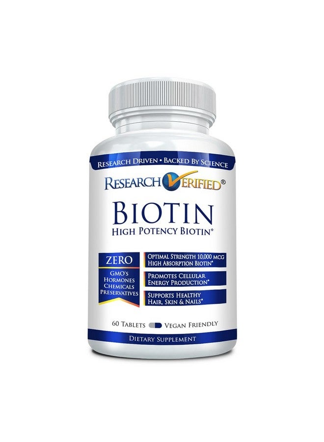 Research Verified Biotin - Pure Biotin Extra Strength 10,000mcg for Improved Hair, Skin and Nail Health - 60 Vegan Tablets, Made in USA - Image 1