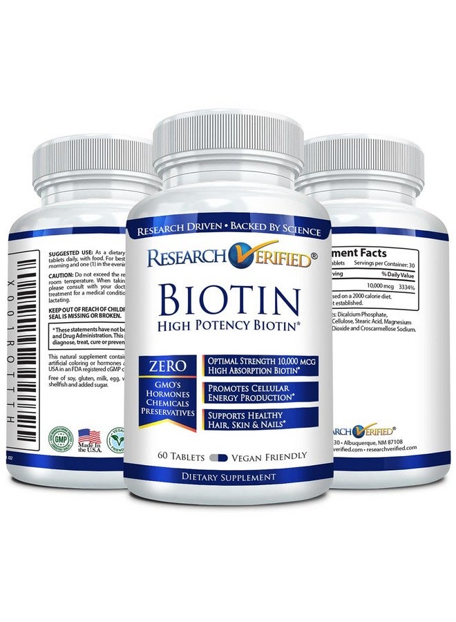 Research Verified Biotin - Pure Biotin Extra Strength 10,000mcg for Improved Hair, Skin and Nail Health - 60 Vegan Tablets, Made in USA - Image 4
