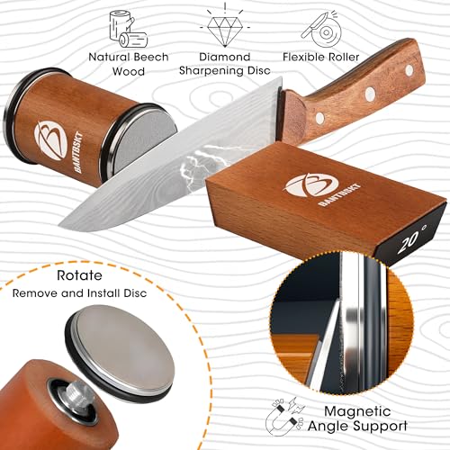 BANTBSKT Rolling Knife Sharpener Kit, Kitchen Knife Sharpener Set, Knife Sharpening Tools, 15 & 20 Degree Sharpening for Kitchen Knives, Diamond and Ceramic Discs, Leather Strop, Polishing Compound - Image 4