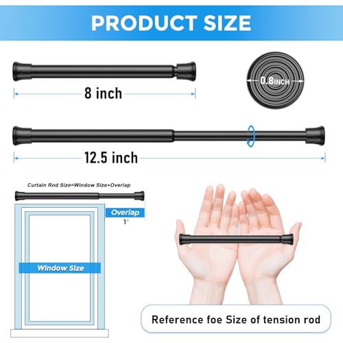 QINGYUN 2 Pack Spring Tension Curtain Rod 8 to 12.5 Inch, DIY Mini Curtain Rods No Drill for Slim Window Cupboard Closet Sidelights, Black - Image 2