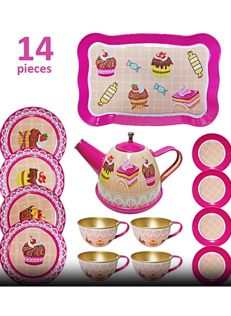 14-Piece Western Dessert Collection, Tea Set For Little Girls, Safe And Durable Children'S Toys, Children'S Gifts, Teapot Tableware Kitchen Role Play Tin Tea Party - Image 1
