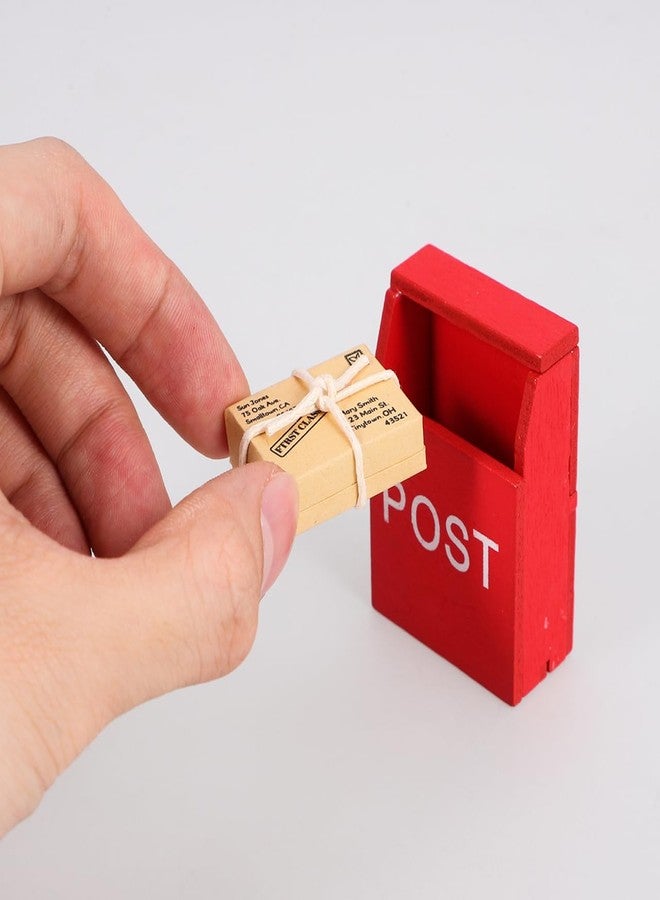 Garneck 1:12 Dollhouse Wooden Red Mailbox with Miniature Mail Sack and Postcard Ornaments Mini Postbox for Decoration and Role-Playing Dollhouse Furniture Accessories - Image 2