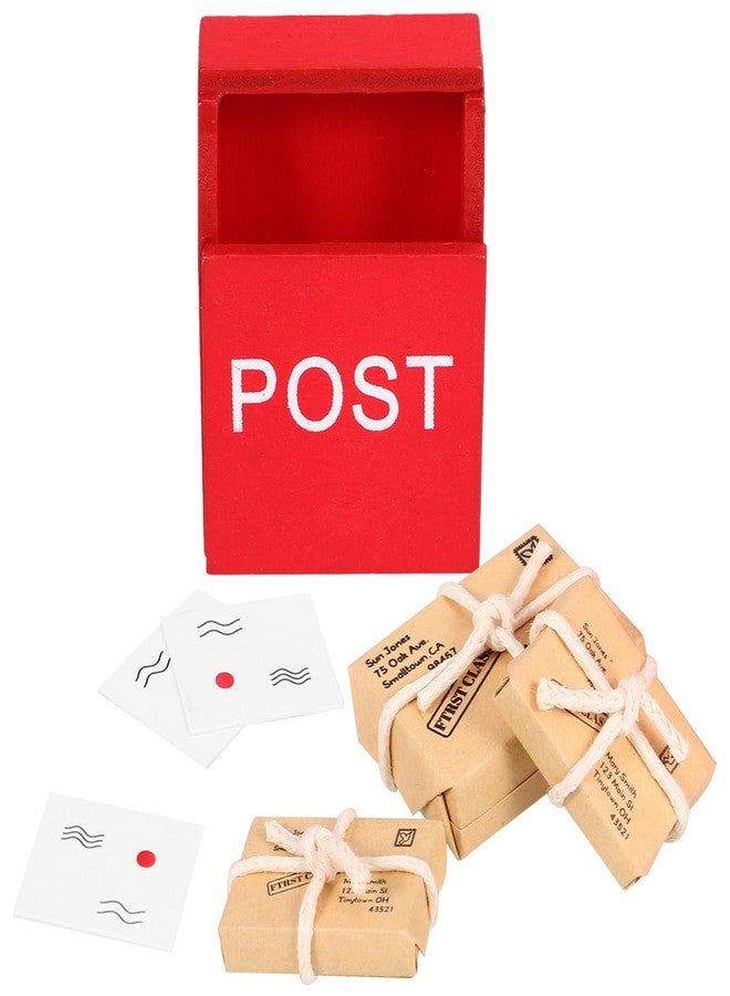 Garneck 1:12 Dollhouse Wooden Red Mailbox with Miniature Mail Sack and Postcard Ornaments Mini Postbox for Decoration and Role-Playing Dollhouse Furniture Accessories - Image 1