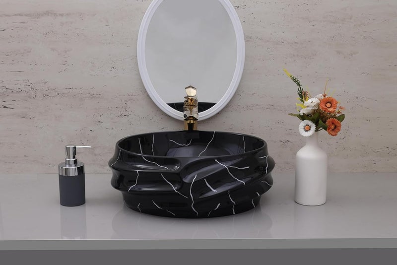 ACRAVIT CERAMIC Designer Table Top Ceramic Wash Basin Vessel Sink with Slim Rim Collapsible Countertop Basin OverCounter Bathroom Sink Black Marble455 X 385 X170 MM - Image 2