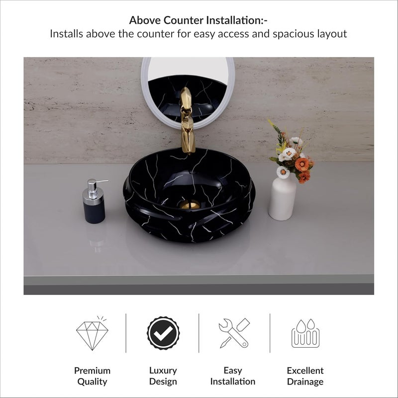 ACRAVIT CERAMIC Designer Table Top Ceramic Wash Basin Vessel Sink with Slim Rim Collapsible Countertop Basin OverCounter Bathroom Sink Black Marble455 X 385 X170 MM - Image 5