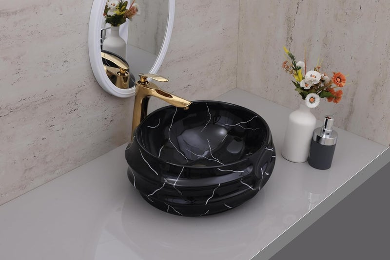 ACRAVIT CERAMIC Designer Table Top Ceramic Wash Basin Vessel Sink with Slim Rim Collapsible Countertop Basin OverCounter Bathroom Sink Black Marble455 X 385 X170 MM - Image 1