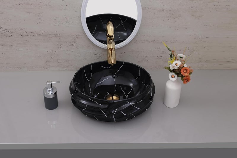 ACRAVIT CERAMIC Designer Table Top Ceramic Wash Basin Vessel Sink with Slim Rim Collapsible Countertop Basin OverCounter Bathroom Sink Black Marble455 X 385 X170 MM - Image 4