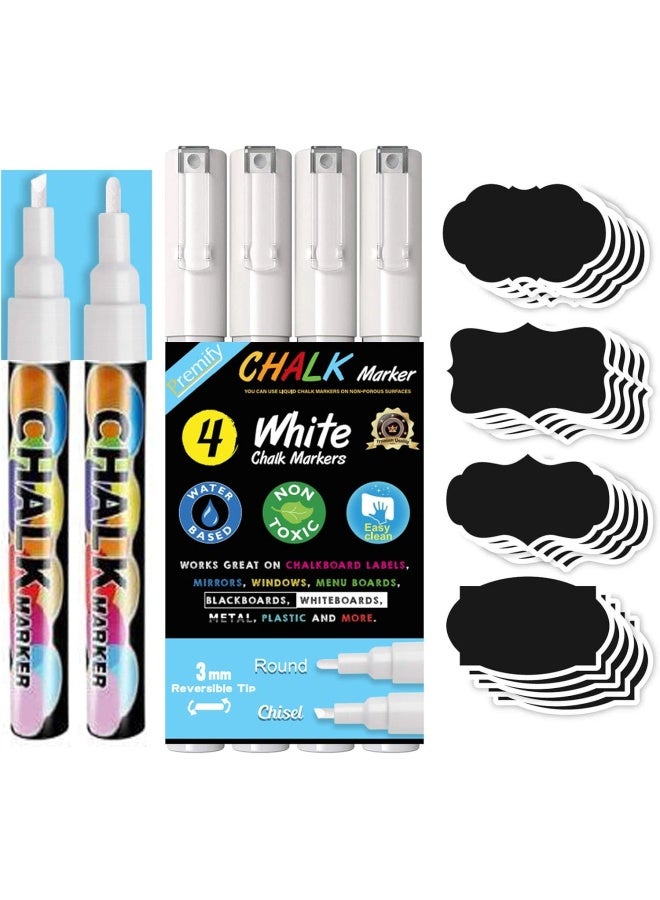 Premify Fine Tip White Chalk Markers – 4 Pieces/Set Liquid Chalk Marker + 32 Chalkboard Labels, Use For Windows, Blackboard, Signs, Glass, Bistro - Wet Wipe Erasable Pens - 3Mm Reversible Bullet - Image 1