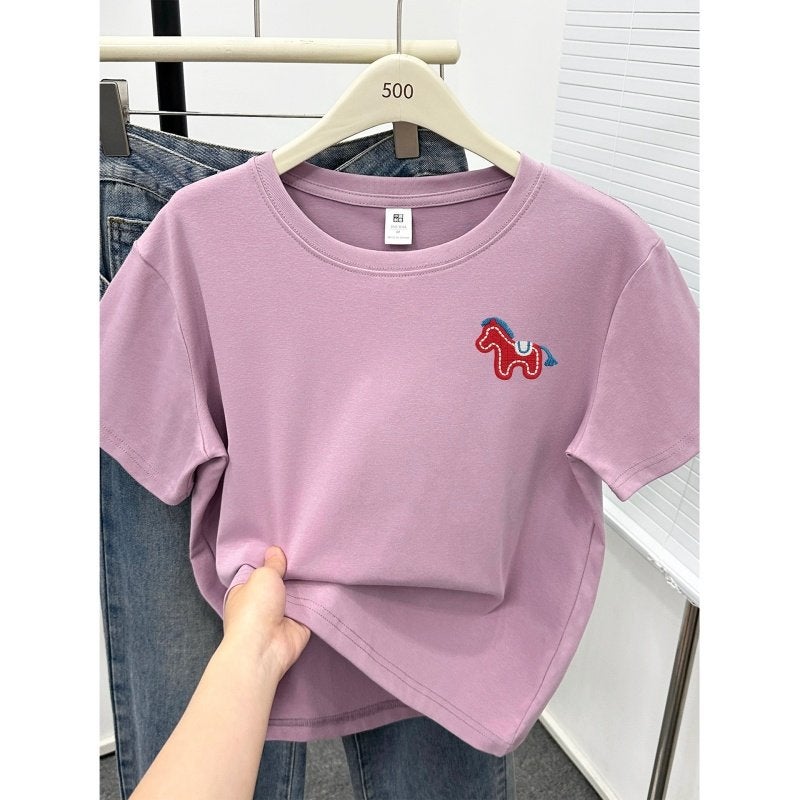 Plus size chubby MM pony print 2026 summer new Korean style fashion niche round neck short-sleeved T-shirt top for women - Image 3