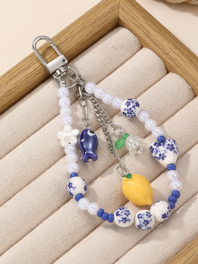 Take Two Blue Crystal Beaded Charm Keychain