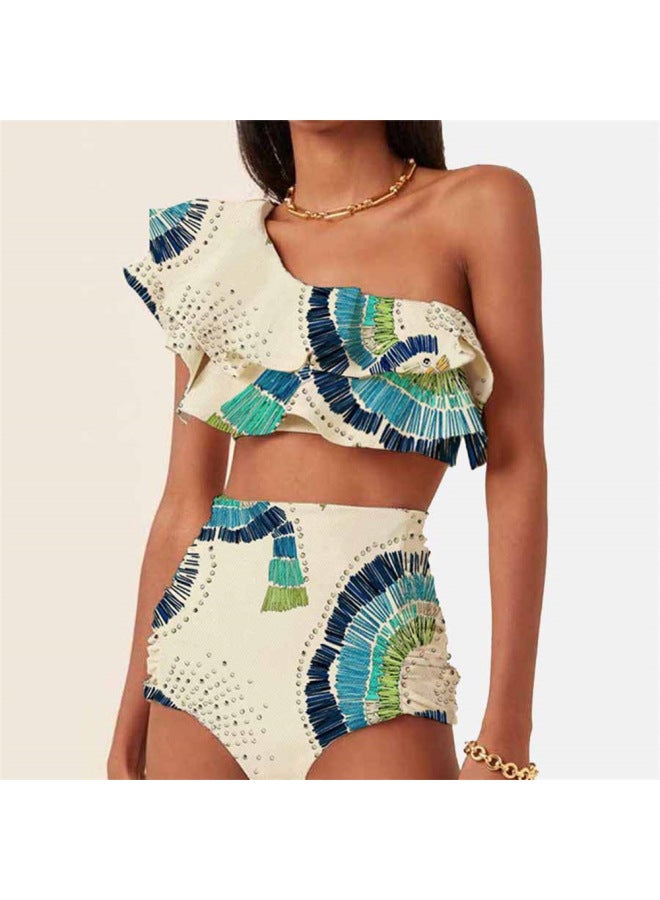 2023 European And American Bikini Ladies Double Big Lotus Leaf Shoulder Split Swimsuit Chiffon Gauze Skirt Explosion-Color:White-  - Image 2