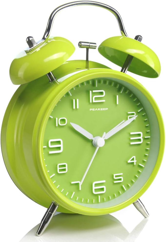 Peakeep 4 Inches Twin Bell Loud Alarm Clock for Heavy Sleepers, Battery Operated Old Fashioned Alarm Clock (3D-Dial, Green) - Image 1