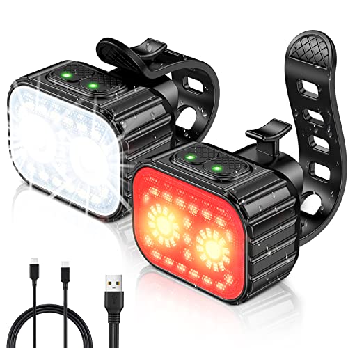 Cuvccn Bike Lights, Rechargeable Bicycle Lights Set Super Bright 8+12 Modes, IPX6 Waterproof Bike Lights for Night Riding/Cycling Safety, Front and Back Taillight Reflectors, 58 Hrs Long Battery Life - Image 1