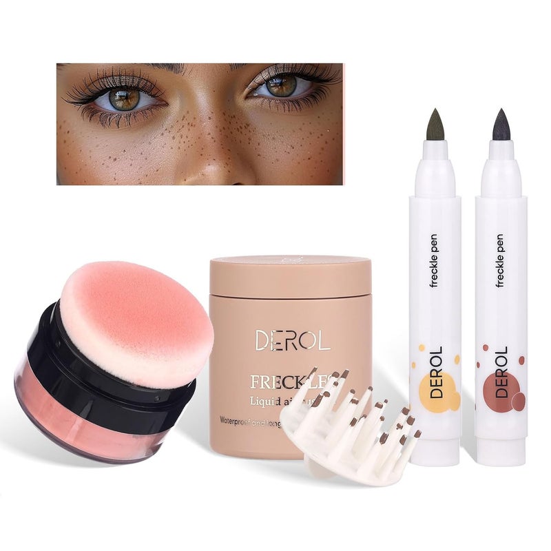 Natural Freckle Blush Makeup Kit Liquid Fake Freckle Air Cushion 2 Colors Freckle Pen Powder Cushion Blush Waterproof Long Lasting Freckles Marker for Cheek