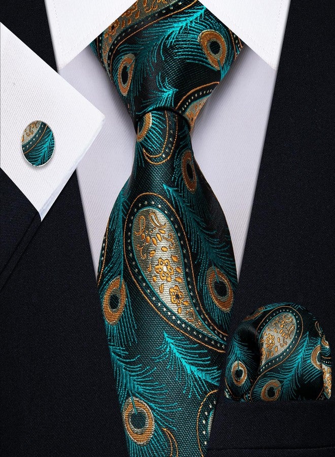 YourTies Teal Ties for Men Silk Paisley Mens Mardi Gras Ties and Pocket Square Cufflinks Set Formal Wedding Business Party - Image 3
