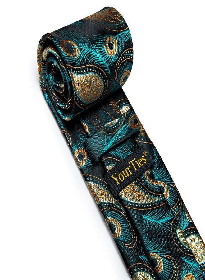 YourTies Teal Ties for Men Silk Paisley Mens Mardi Gras Ties and Pocket Square Cufflinks Set Formal Wedding Business Party - Image 4
