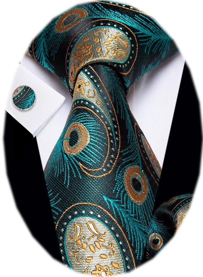 YourTies Teal Ties for Men Silk Paisley Mens Mardi Gras Ties and Pocket Square Cufflinks Set Formal Wedding Business Party - Image 1