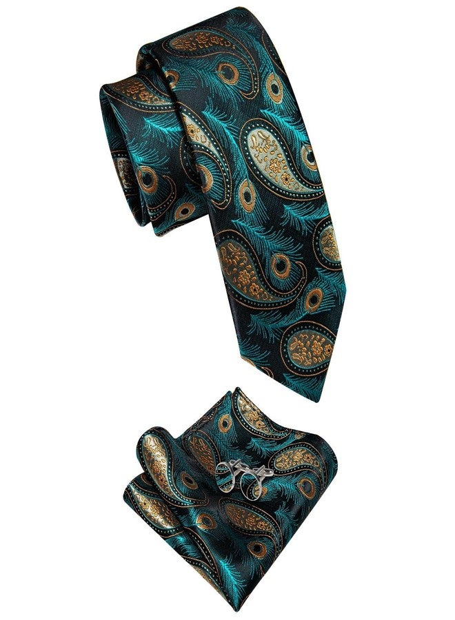 YourTies Teal Ties for Men Silk Paisley Mens Mardi Gras Ties and Pocket Square Cufflinks Set Formal Wedding Business Party - Image 2