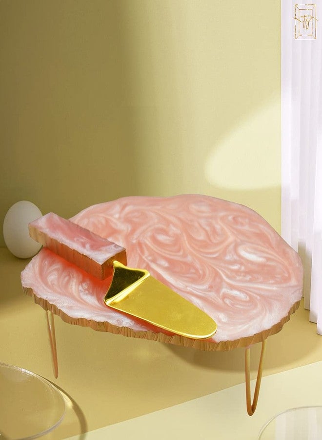 Tranquil Square Wood and Brass Design Pink Colour Cake Stand and Spatula - Image 1