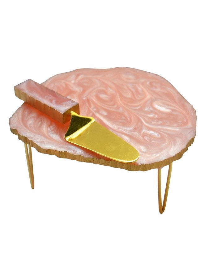 Tranquil Square Wood and Brass Design Pink Colour Cake Stand and Spatula - Image 3