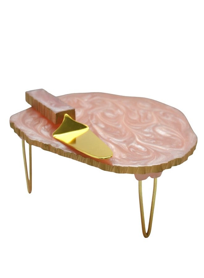Tranquil Square Wood and Brass Design Pink Colour Cake Stand and Spatula - Image 2