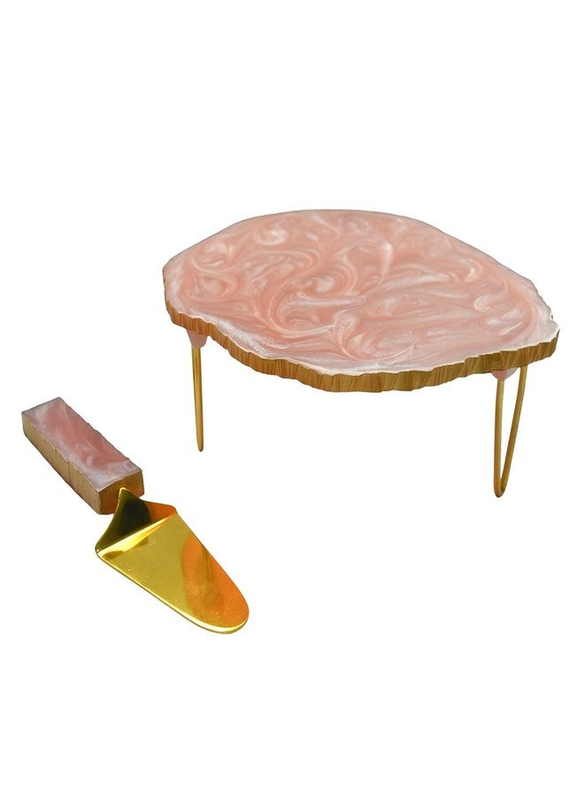 Tranquil Square Wood and Brass Design Pink Colour Cake Stand and Spatula - Image 5