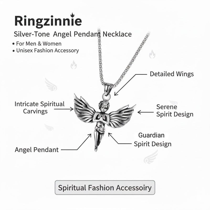 ringzinnie Silver Tone Pendant Necklace Set for Men & Women | Om, Compass, Angel Wing, Prayer Locket | Unique Spiritual & Fashion Jewelry Collection - Image 3