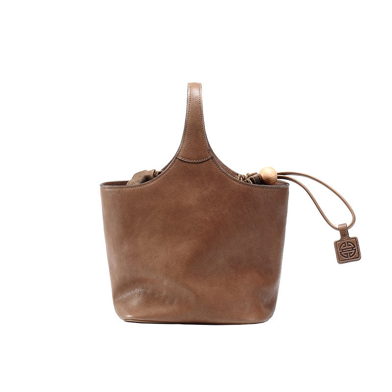 Qiu Zhen Vegetable Tanned Cowhide Bag Vintage Genuine Leather Flower Basket Bag Crossbody Handbag Commuter Large Capacity Vegetable Basket Bag For Women - Image 1