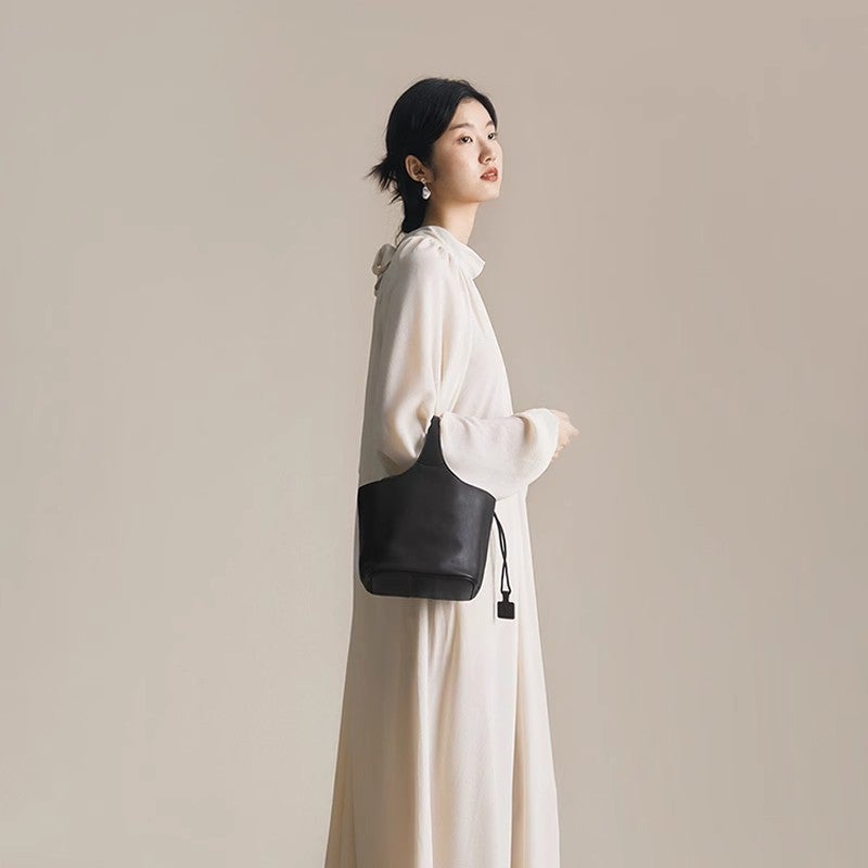Qiu Zhen Vegetable Tanned Cowhide Bag Vintage Genuine Leather Flower Basket Bag Crossbody Handbag Commuter Large Capacity Vegetable Basket Bag For Women - Image 5