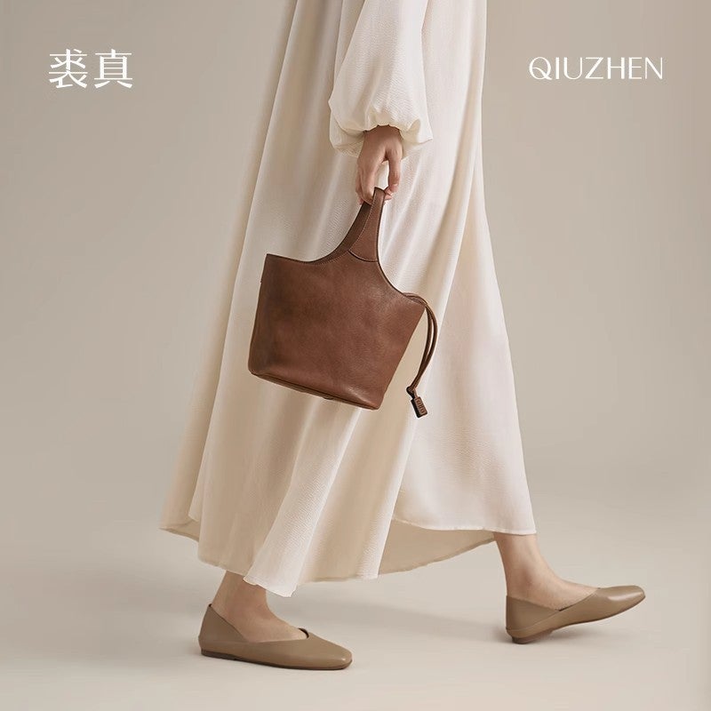 Qiu Zhen Vegetable Tanned Cowhide Bag Vintage Genuine Leather Flower Basket Bag Crossbody Handbag Commuter Large Capacity Vegetable Basket Bag For Women - Image 2