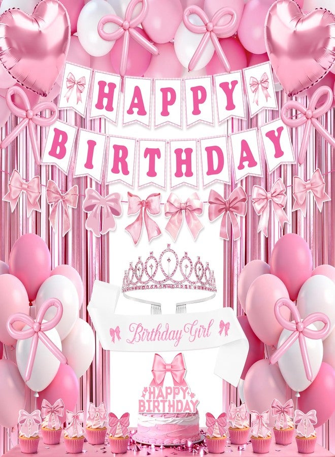 REDWORD Pink Bow Birthday Decorations, 73PCs Coquette Birthday Decorations BIRTHDAY GIRL Sash and Tiara Balloons Fringe Curtains Banner Bows Garland and Cake Toppers for Women Girls Pink Theme Party Supplies - Image 4