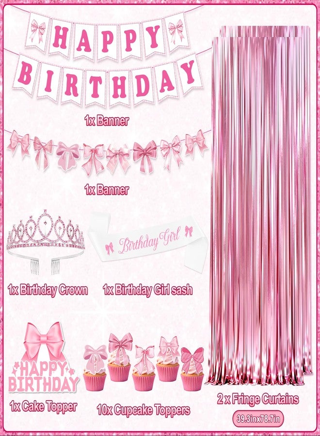 REDWORD Pink Bow Birthday Decorations, 73PCs Coquette Birthday Decorations BIRTHDAY GIRL Sash and Tiara Balloons Fringe Curtains Banner Bows Garland and Cake Toppers for Women Girls Pink Theme Party Supplies - Image 2